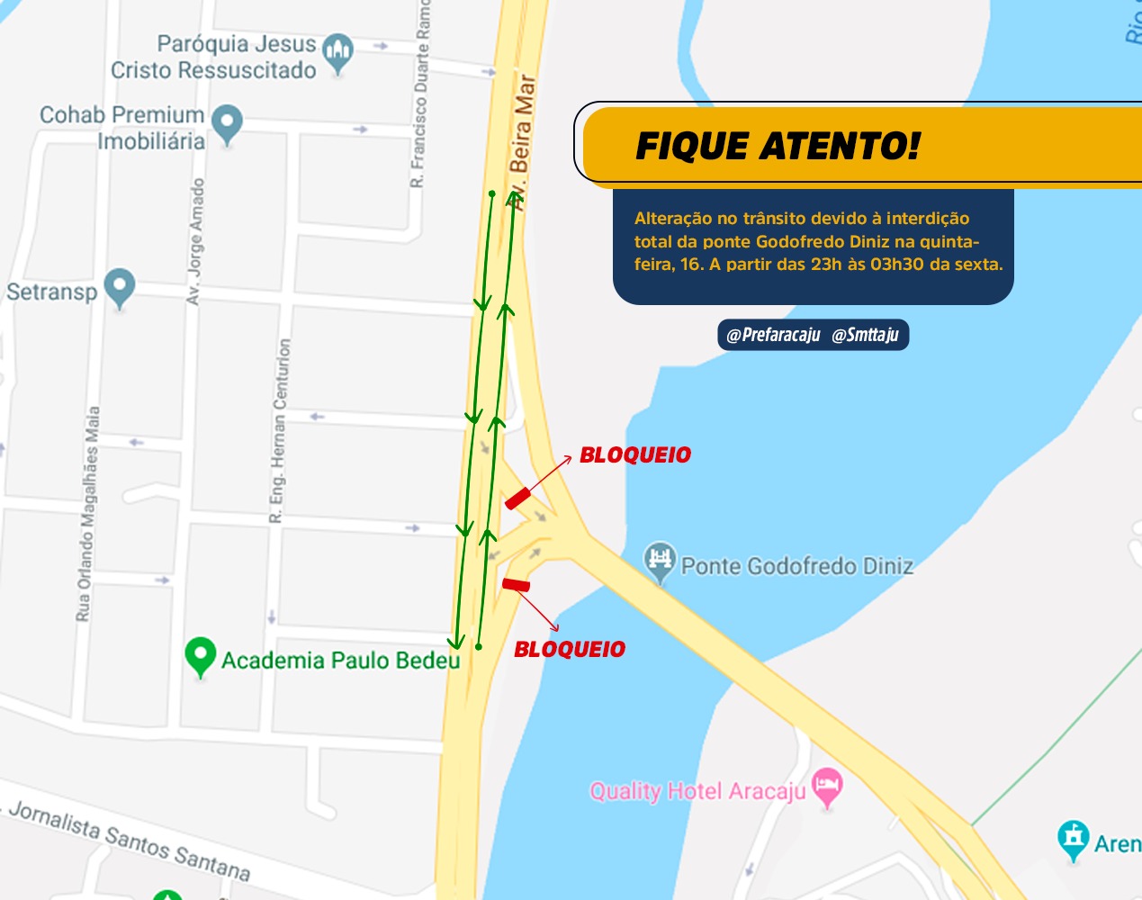 Tráfego na ponte Godofredo Diniz será interrompido nesta quinta-feira, a partir das 23h - SMTT Aracaju